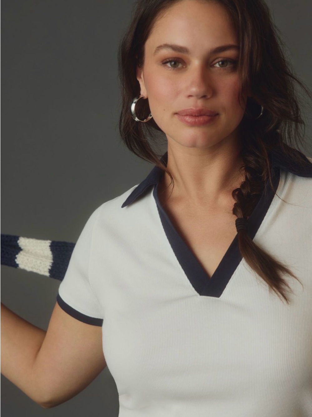 Anthropologie White Short Sleeve V-Neck Polo Tee with Navy Trim